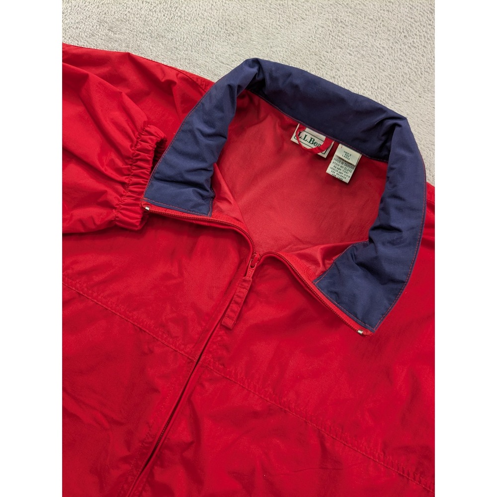LL Bean Vintage Mens Red Nylon Windbreaker Jacket Navy Collar XL 0L642